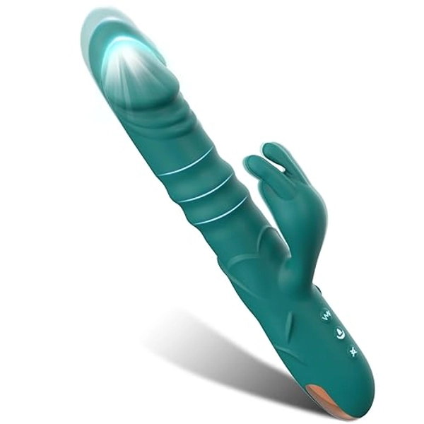 Thrusting Rabbit Vibrator, G Spot Clitoral Vibrator Waterproof & Rechargeable Realistic Silicone Dildo Vibrator with 3 Thrusting & 10 Vibrating Modes, Rose Sex Toys for Women