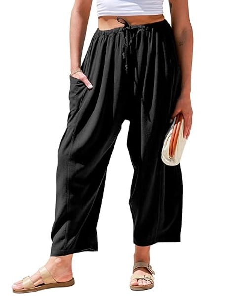 TARSE Womens Linen Wide Leg Pants Casual Loose Drawstring Low Waist Beach Palazzo Harem Pants with Pockets