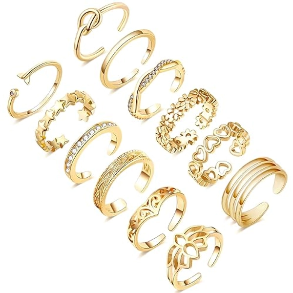 Honsny 12PCS 14K Gold/Silver Plated Toe Rings for Women Adjustable Band Rings Open Flower CZ Toe Ring Set Beach Foot Jewelry