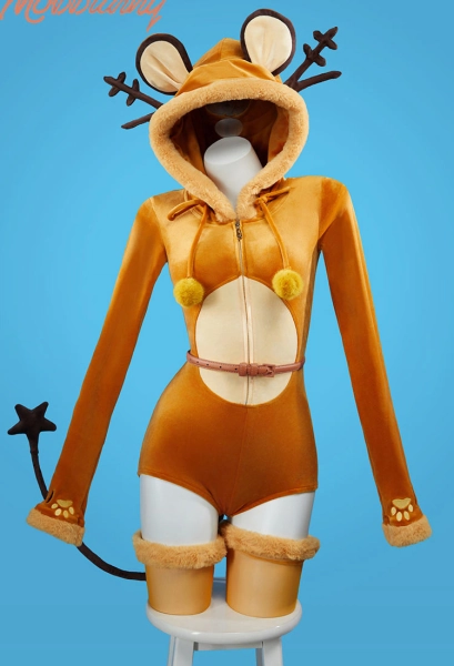 PM Derivative Sexy Linngerie Plush Bodycon Romper Kawaii Hooded Bodysuit with Tail Belt