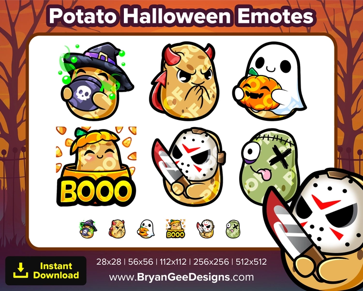 Potato Halloween Twitch Emotes Spooky Sip Devil Ghost Pumpkin Boo Jason Knife Zombie Derp Youtube Emotes TikTok Emotes Discord