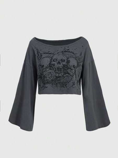 ROMWE Grunge Punk Women's Skull Print Drop Shoulder T-Shirt, School