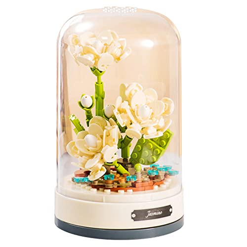MEIEST Building Blocks Flowers Bouquet Set with Music Box and Dust-Proof Dome,DIY Simulation Artificial Particle Flower Collection Construction Building Bricks Toy,Home Decors (White Jasmine) - White jasmine