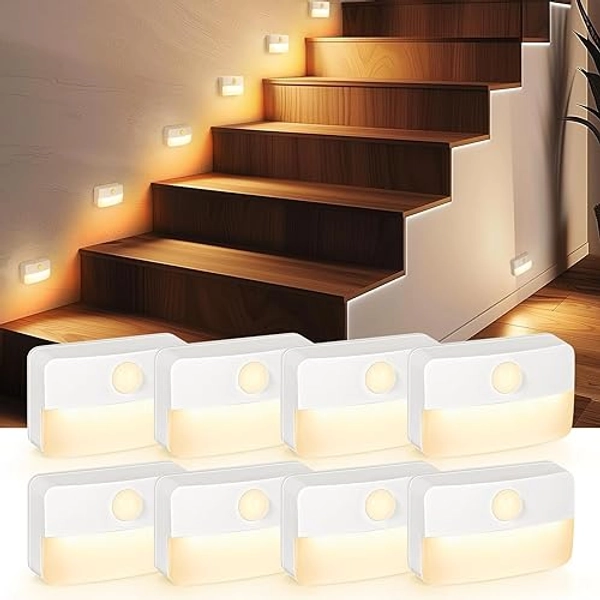Guankai 8 Pack Motion Sensor Stair Light for Indoor, Battery Operated Closet Lights, Wireless Stick on Anywhere Hallway Lamp, 40 Lumen 3000K Portable Led Night Lamps for Bedroom Under Cabinet Kitchen