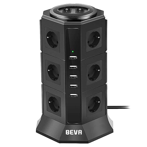 BEVA 12 Fach Steckdosenleiste 5 USB Mehrfachsteckdose Steckdosenturm Multi Steckdosen Steckerleiste Mehrfachstecker, Überspannungsschutz und Kurzschlussschutz (mit 2 Schalter und 2m Kabel, 2500W/10A) - Schwarz