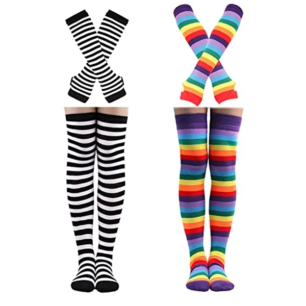 Barrlves 2/4 Sets Womens Striped Knee High Socks Long Knitted Arm Warmers Fingerless Gloves for Halloween Costume