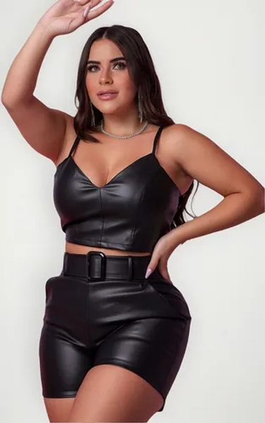 Conjunto Shorts Top Cropped Couro Fake Plus Size Gordinha