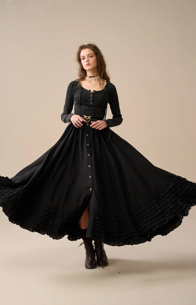 Victorian maxi linen skirt in black, edwardian skirt, long skirt, pleated flowy skirt, fairy skirt, renaissance festival Skirt | Linennaive