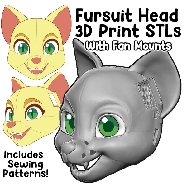DIGITAL ITEM: Cat Fursuit Head STLs - Fan Mount, Removable teeth, and Eyes for 3D Printing
