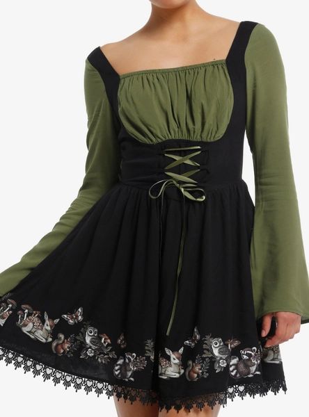 Thorn & Fable Woodland Critters Lace-Up Bell Sleeve Dress