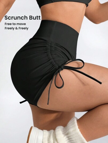 SHEIN Sport Studio Peach Butt Lifting European And American Yoga Shorts, High Waisted Elastic Running Fitness Sport Shorts For Women Drawstring Shorts