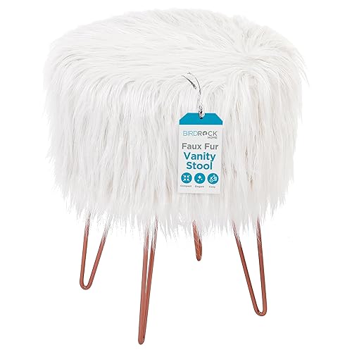 BIRDROCK HOME White Faux Fur Vanity Stool Chair - Soft Furry Compact Padded Seat - Vanity, Living Room, Bedroom and Kids Room Chairs - Hair Pin Metal Legs Upholstered Decorative Furniture Foot Rest - White