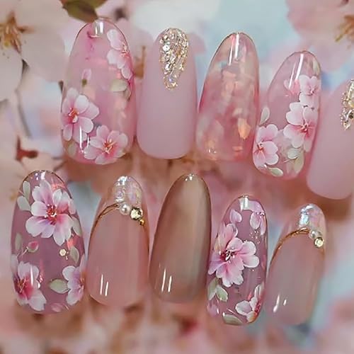 Press on Nails Medium Almond Shape-Glossy Full Cover Acrylic Pointed Rhinestone False Nails with Pink Floral Designs Artificial Fake Nails with Charms Glue ons Nails Stick on Fingernails for Women - Pink Floral and Rhinestone