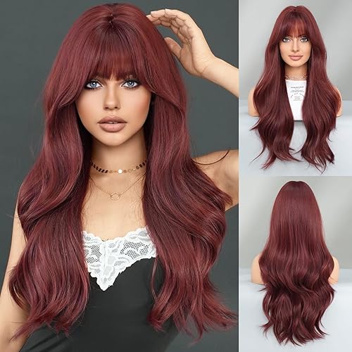 TRUMOST Long Wavy Wine Red Wig with Bang 28 Inch Burgundy Hair Synthetic Heat Resistant Wig Natural Maroon Dark Red Hair Heat Resistant Wigs for Women Daily Party Use - 28 Inch - Wine Red