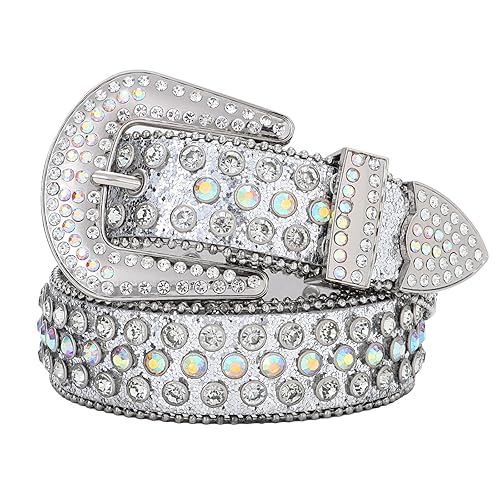 BELTROAD Rhinestone Belt for Men Women, Western Cowboy Cowgirl Belts Bling Leather Belt With Cross and Diamond for Jeans - White - S for Waist 26"-31"