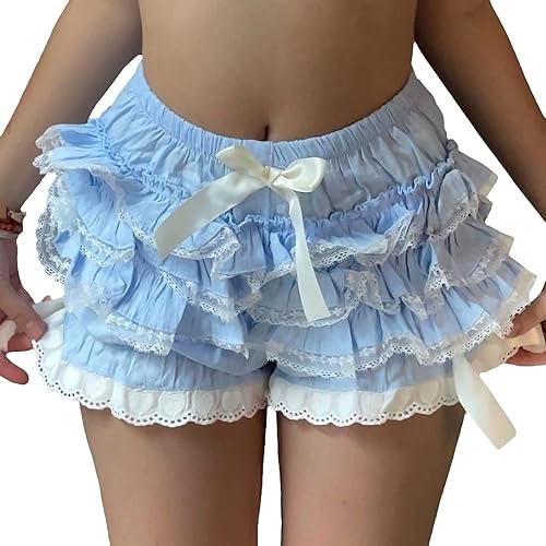 NUFIWI Women Y2k Lolita Bloomers Ruffle Pumpkin Panties Bottom Lace Trim Layered High Waist Shorts Pettipants - Ruffle Blue - Small