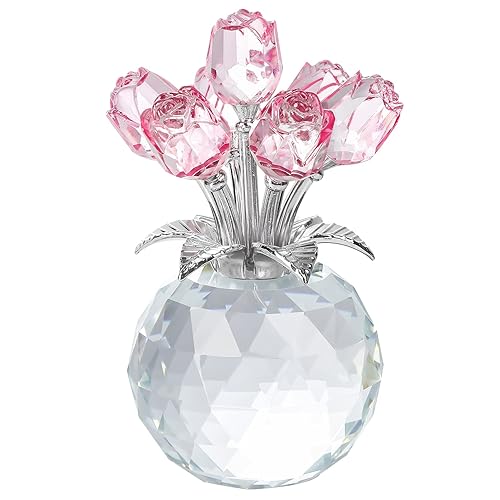 YWHL Handmade Crystal Pink Rose Flower Figurine with Round Vase, Rose Gifts for Girlfriend Wife Sister, Romantic Gifts for Mom on Mother's Day Birthday Anniversary, Wedding Home Decorations - Pink
