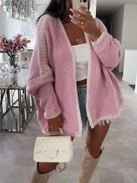 SHEIN EZwear Women's Colorblock Long Sleeve Open Front Casual Loose Cardigan, Autumn Winter