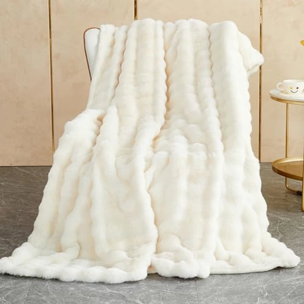 SHANNA Soft Warm Rabbit Plush Fleece Blankets Thick 1000 GSM Throws for Sofa Large Fluffy Versatile Blanket Bed Throw for Bedroom, Couch, Travel, Kids, Camping (White, 160 * 200cm)