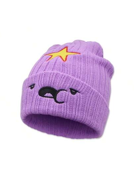 1 pieza Gorro tejido de anime morado, bordado de dibujos animados lindo, gorro de protección de orejas de moda hip hop neutro y cálido, adecuado para mujeres en invierno y otoño