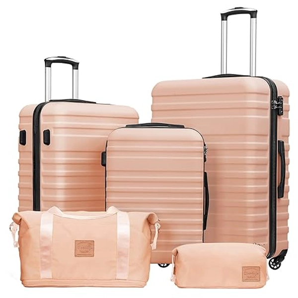 Coolife Suitcase Set 3 Piece Luggage Set Carry On Hardside Luggage with TSA Lock Spinner Wheels (Pink, 5 piece set)
