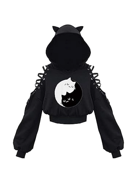 Loalirando Women's Cute Cat Ear Crop Top Oversized Hoodie Off Shoulder Hollow Out Long Sleeve Black Punk Gothic Sweatshirts