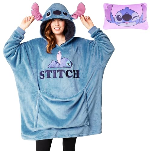 Disney Stitch Damen Hoodie Decke mit Ärmeln - 2-in-1 - Oversized Kapuzenpullover Fleece Tragbare Decken für Teenager - Einheitsgröße - Blau Stitch