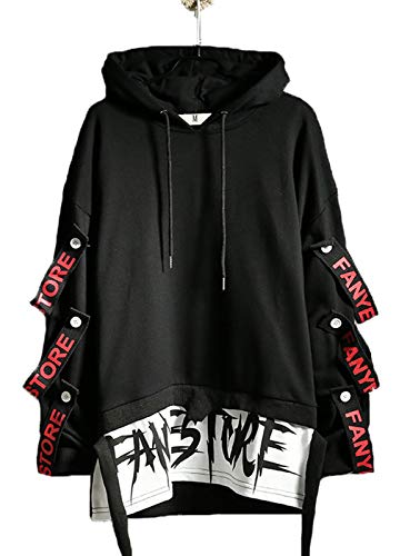 Hello MrLin Herren Techwear Japanischer Harajuku Kapuzenpullover Hip Hop Streetwear Urban Hoodie - XL - Schwarz