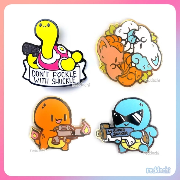 Poke Enamel Pins: Shuckle, Dragonite & Dratini, Vulpix, Bayleef, Charmander, Squirtle