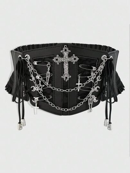 ROMWE Goth 1pc Women's Black Lace Chain Skeleton Cross Tie Decor Goth Style Elastic Waist Belt Dress Accessory, Halloween Costume Accessory