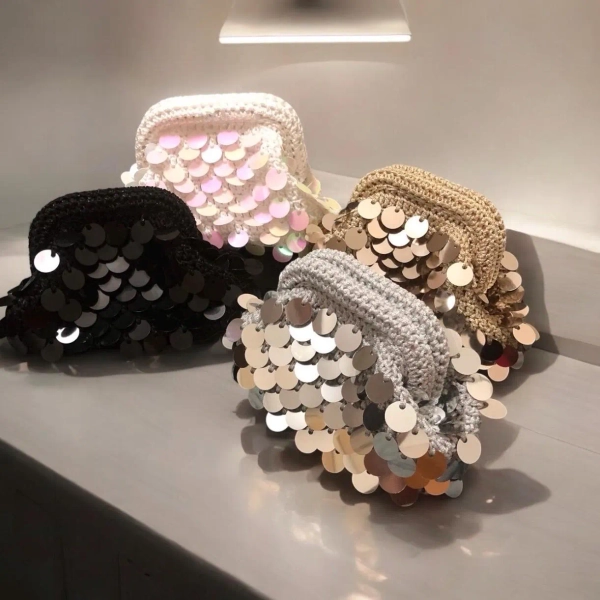 Piccola pochette con paillettes metalliche / Borsa da sera all'uncinetto per matrimonio / Borsa da festa
