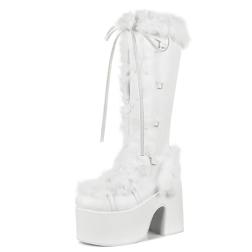 VIMISAOI Womens Mid Calf Boots, Lace Up Zip Block Chunky High Heel Punk Goth Warm Fur Winter Snow Platform Boots - 5.5 - White