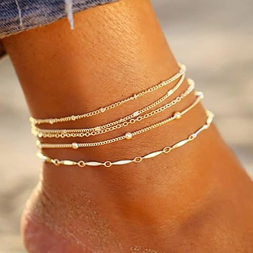 5 Pieces Anklets Beaded Chain Anklet Boho Multi-layered Anklet Bracelets Beach Foot Chain Jewelry for Women and Girls (Gold) - Gold