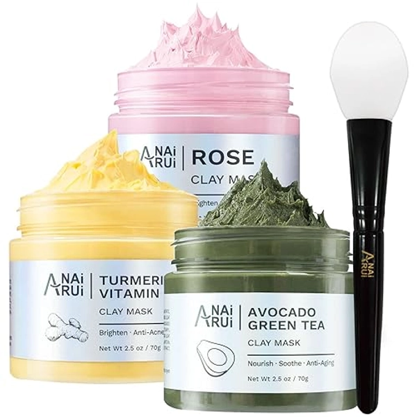 ANAI RUI Turmeric Vitamin C Clay Mask -Rose Facial Mask -Avocado Green Tea Mud Mask,Facial Mask Skincare for Deep Cleansing,Purify Pores, SPA Mask Set, Facial Mask Set Gifts Set 2.5 oz each
