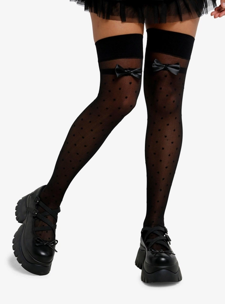 Black Bow Polka Dot Sheer Knee-Highs