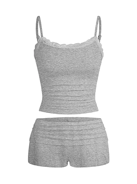 Hilinker Womens Sexy 2 Piece Pajama Set Lace Trim Ruched Cami and Shorts Summer Cute Pjs - Medium - Grey