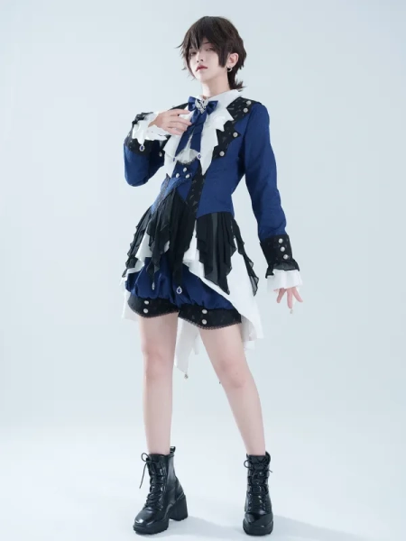 [$87.25]Gothic Ouji Lolita Three Pieces Set Dark Blue Prince Coat + White Long Sleeves Shirt + Dark Blue  Shorts