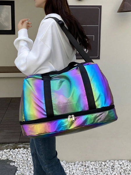Multi-Pocket Large Capacity Waterproof Women's Tote Bag For Traveling And Luggage Trending Y2K Holographic Bag Glitter Travel Bag Handbag Hand Bag Gym Bag Shoulder Bag For Vacation Holiday Hospital Back To School Futurist Traveling Bag Minimalist