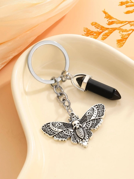 1pc Unisex Skull Detail Moth & Stone Charm Funky Keychain For Key Decoration