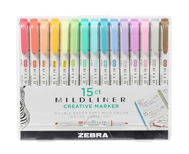 Zebra Pen Mildliner Dual Tip Highlighter Pens, Pastel Highlighters Pens For Adults, Broad & Fine Tip Markers & Highlighters For Convenience, Double Ended Highlighters, 15 Pk - Assorted Colours