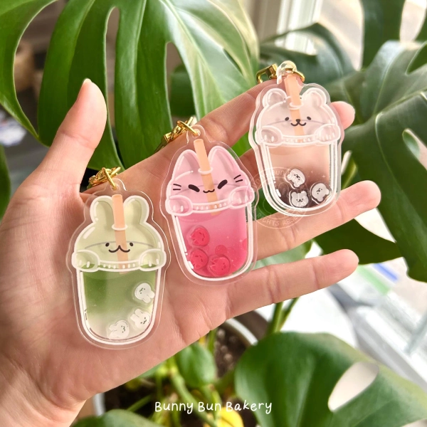 Sweet Refreshment Trio Shaker Keychain | acrylic fidget stress relief | cute cat kitty rabbit bunny bear cub iced coffee matcha boba tea