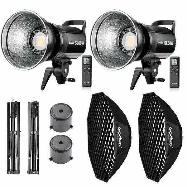 2x Godox SL-60W Studio LED Video Light Bowens + Remote + 95cm Softbox + Stand