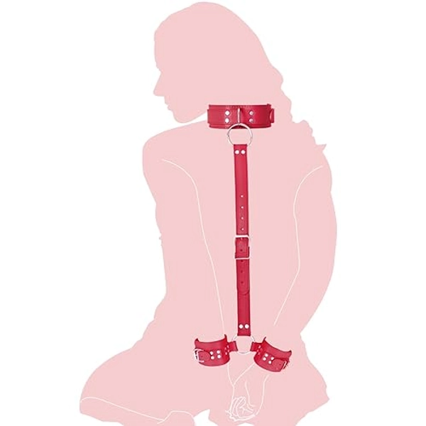 Neck to Wrist Restraints kit - SEXY SLAVE, Adult Sex Toys Frisky Beginner Behind Back Handcuffs Collar, Adjustable Bondage Set, Couple SM Sex Game Tool(Red)