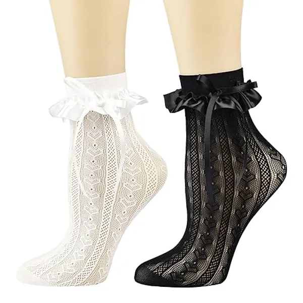 BIVOLU Womens Ankle Socks Lace Ruffle Frilly Cotton Cute Princess Ankle Dress Socks for Girl 2 Pack