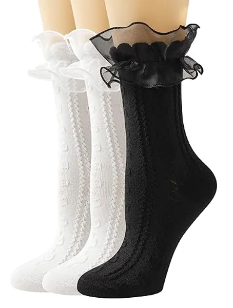 AMHRLINGTO Women Lace Socks Ruffle Frilly Socks - Comfortable Cotton Cute Socks Princess Lolita for Ladies Gril