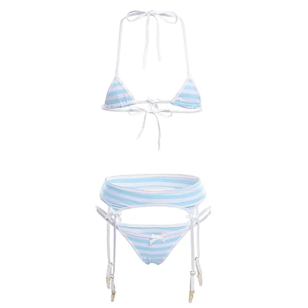 ABAFIP Women Cute Kawaii Striped Bikini Lingerie Set Micro Tiny Bra G-String Panty/Garter Belt 2Pcs / 3Pcs Underwear