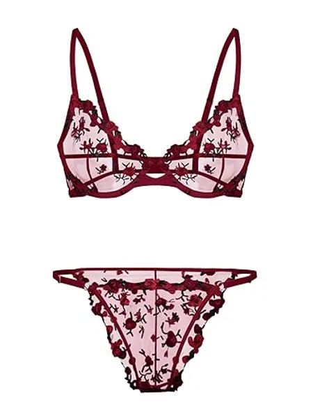 Lilosy Sexy Floral Embroidered Mesh Sheer Underwire Lingerie Set
