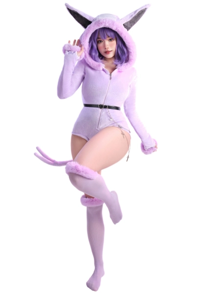 PM Derivative Fluffy Bodycon Romper Pajama Halloween Purple Furry Long Sleeve Hooded Bodysuit Jumpsuit Sleepwear with Tail Belt and Socks