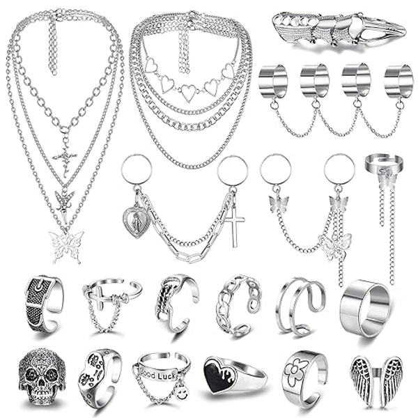 Sanfenly Punk Chain Rings+ Layered Chain Necklace Set for Women Men, Cool Goth Punk Vintage Stackable Open Finger Rings Statement Pendant Choker Necklace Emo Y2K Jewelry