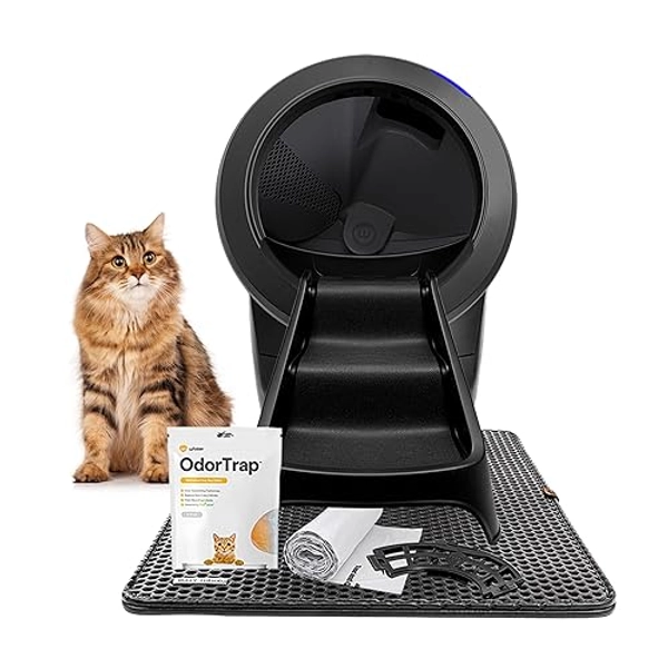 Litter-Robot 4 Complete Bundle by Whisker (Black) - Automatic, Self-Cleaning Cat Litter Box, Includes Litter-Robot 4, 6 OdorTrap Pack Refills, 50 Waste Drawer Liners, Ramp, Mat & Fence